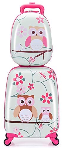COSTWAY 2tlg Kinderkoffer + Rucksack, Kindertrolley aus Kunststoff, Kindergepäck, Kinder Kofferset Handgepäck Reisegepäck Hartschalenkoffer für Jungen und Mädchen (Rosa Eule, 12+16)