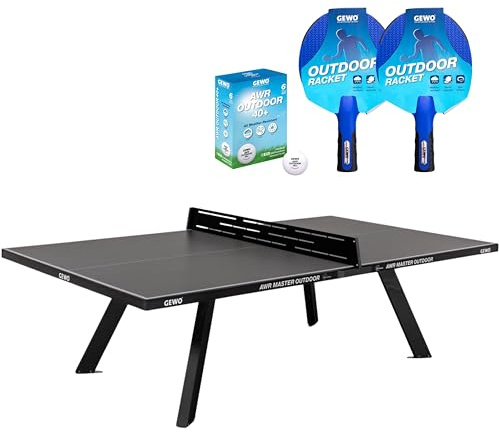 GEWO Tischtennisplatte Outdoor Master AWR – Ganzjahres Tischtennistisch | Wetterfest, inkl. 2 Outdoor Schläger & 6 Bälle – 10 mm Melamin, Made in Germany, Grau