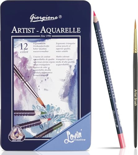 Surcotto Aquarellstifte - 12 wasservermalbare Buntstifte, wasserlösliche Buntstifte Erwachsene | wasserbasiert, sanfte Farben, mit Blechdose und feinem Pinsel, 12-teilig, dreikant
