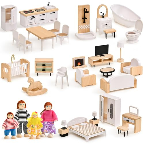 Atoylink Puppenhaus Möbel Set aus Buchenholz & Kunststoff, Zubehör Spielzeug mit Puppenhaus Puppen, Rollenspiel Geschenk für Jungen Mädchen Kleinkinder ab 3 Jahren