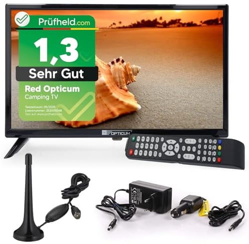 RED OPTICUM LED Fernseher 24 Zoll TV inkl. KFZ Adapter und DVB-T Antenne - Camping Fernseher 12V / 230V Betrieb mit Triple Tuner (DVB-C/-S2/-T2) CI+ Steckplatz USB 2.0 HDMI PVR-Funktion