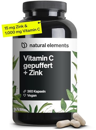 natural elements Vitamin C - 360 Kapseln - Hochdosiert mit 1000mg + 15mg Zink - Pflanzlich fermentiert & gepuffert (pH-neutral, säurefrei, magenschonend) - vegan, laborgeprüfte Qualität