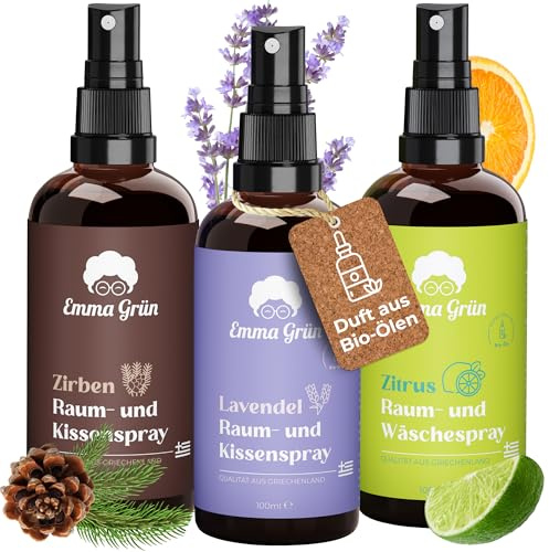 Emma Grün Raumspray Set 3x100ml – Lavendel, Zitrone & Zirbe für Raum & Auto | Kissenspray & Textilerfrischer mit ätherischen Ölen – Lufterfrischer für Schlafzimmer, Wäsche, Bad, WC & Kleiderschrank, Sofa