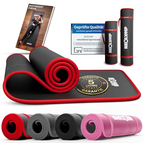NEOLYMP extra dicke Fitnessmatte rutschfest inkl. Tragegurt & E-Book – Yogamatte, Gymnastikmatte, Sportmatte & Pilates Matte – Trainingsmatte für Zuhause, Studio & Outdoor (Schwarz-Rot 61 cm)