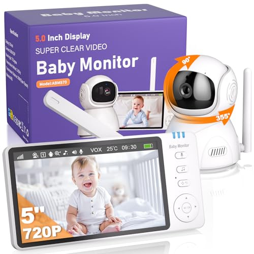 OBVHNUA Babyphone mit Kamera 5 Video Babyphone 720P HD Display Großer Akku 355°/90° Schwenk-Neige Digitalzoom Temperaturüberwachung Nachtsicht VOX-Modus Zwei-Wege-Audio Schlaflieder