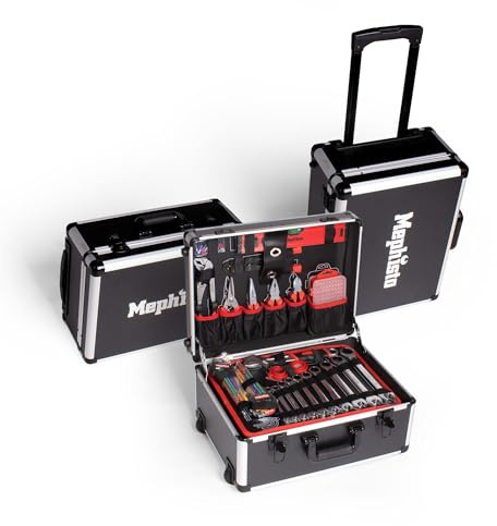 Mephisto Werkzeugtrolley Werkzeugkoffer mit Trolleyfunktion gefüllt mit Chrom-Vandium Werkzeug wie Ratschenschlüssel Set, Hammer, Werkzeugkasten Set insgesamt 299 tlg.