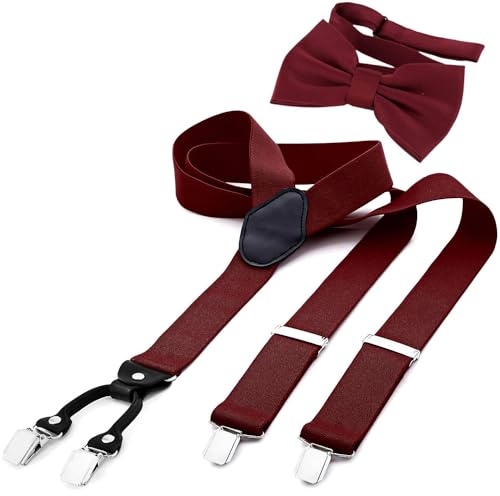 DonDon Herren 3,5 cm breiter Hosenträger in Y-Form elastisch und verstellbar im 2er Set mit farblich passender Fliege 12 x 6 cm