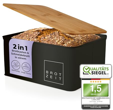 Lumaland Cuisine Brotkasten | Brotdose aus Metall mit Bambus Deckel | Brotbox rechteckig 30,5 x 23,5 x 14 cm | 2in1 Brotbehälter & Schneidebrett [Schwarz]