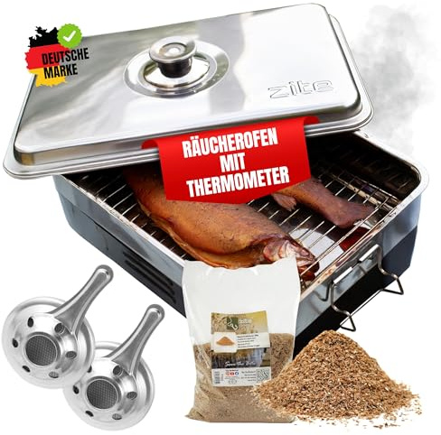 Zite Fishing Räucherofen Edelstahl [mit Thermometer inkl. 300 g Räuchermehl Buche] – Tischräucherofen, Fisch & Mehr Grillen und Räuchern - Angelzubehör, Fischräucherofen Fisch-Räucherofen klein