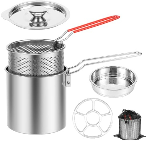 Mini-Fritteuse aus 304 Edelstahl mit Deckel und Sieb, Fritteuse für 1 Person, mit Korb und abnehmbarem Griff, kleine japanische Sparfritteuse für Pommes, Fisch, Hühnerflügel (2)