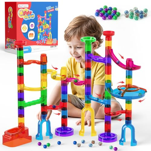 Murmelbahn Logikspiele Mehrfarbige kugelbahn 109 Stück transparent Bahnelementen und murmeln STEM Marble Rush Doppelspiel Spielzeug Geschenk für Kinder Jungen Mädchen ab 3-12 Jahre