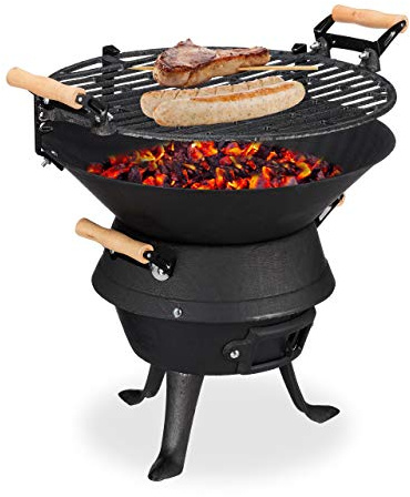Relaxdays Grillfass Gusseisen, höhenverstellbarer Grillrost, Belüftung, Fassgrill für Holzkohle, HBT 40x45x36cm, schwarz