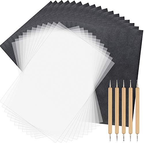 TUPARKA 150 Blatt Kohlepapier und Transparentpapier mit 5 Stück Embossing-Stiften, Stift-Werkzeugen, schwarzes Carbon-Transferpapier für das Zeichnen auf Holz