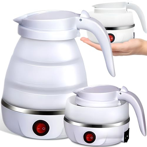 Retoo Wasserkocher Faltbarer 0,6 Liter Silikon Camping Reisewasserkocher mit Edelstahlboden 750 W Tragbarer Teekocher für Outdoor Wandern Survival Weiß
