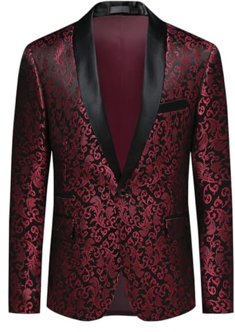 Allthemen Herren Sakko Slim Fit Jacquard Blazer Glitzer Bunte Sakko Casual Smokingjacke Anzugjacke für Hochzeit Rot M