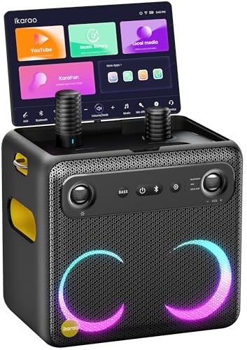 Ikarao Break X2 Karaoke-Maschine, Tragbare Karaokeanlage mit 10,1-Zoll-Touchscreen, 2 Mikrofonen, 300 W Bluetooth-Lautsprecher und LED-Partylichtern