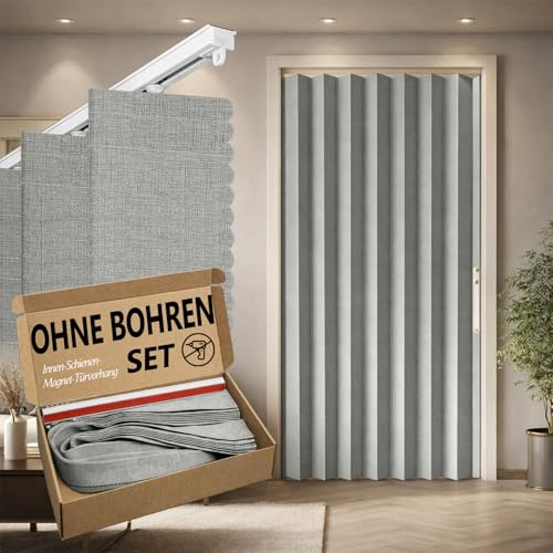 Jilron 100% Blickdichter Türvorhang – Faltbarer Akordion-Stil mit Magnetverschluss, Klebemontage ohne Bohren, inkl. Klebeschiene, Verdunkelung & Windschutz,Grau, H201 x B106 cm