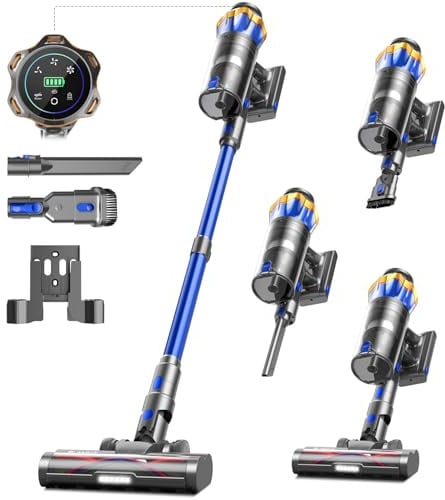 Akku Staubsauger 45000Pa/550W/65Min, 1,6L Staubsauger Kabellos mit Display, Anti-Tangle-Bürste, Selbststehend, Wandladestation, 8-Schicht-Filtration, Ultraleise, für Tierhaare/Teppiche/Hartböden/Auto