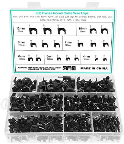 Fippy 600 Stücke Nagelschellen Kabelschellen 4mm 5mm 6mm 7mm 8mm 10mm 12mm Schwarz Weiß Kabel Nagel Befestigung Nagel für Netzwerkkabel mit Tragbarer Box,Schwarz