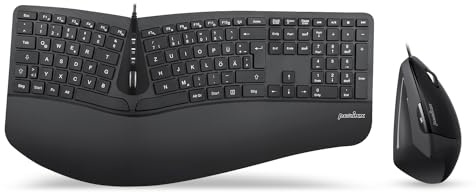 Perixx Periduo-505, Ergonomische Tastatur und Vertikale Maus Desktop Set, Geteiltes Tastenfeld, 4-Wege-Scrollrad, Anpassbare Handballenauflage, Flache Tasten, USB-Kabelgebunden, DE QWERTZ