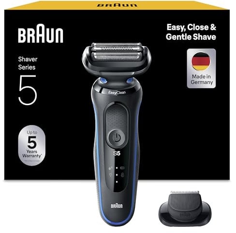 Braun Rasierer Herren Elektrisch Series 5, 51-B1000s, Blau - Kabelloser Elektrorasierer, Barttrimmer mit 50 Min. Akku, Wasserdicht, Made in Germany, Inkl. 1 Aufsatz