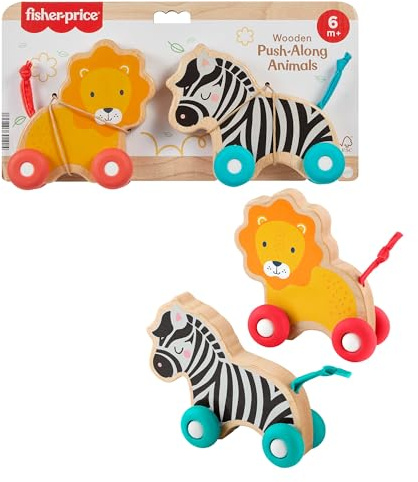 Fisher-Price Holz-Schiebetierchen Spielzeug für Babys, Set aus 2 Schiebetierchen mit Silikonrädern zum Spielen beim Krabbeln für Kleinkinder ab 6 Monaten, JFN19