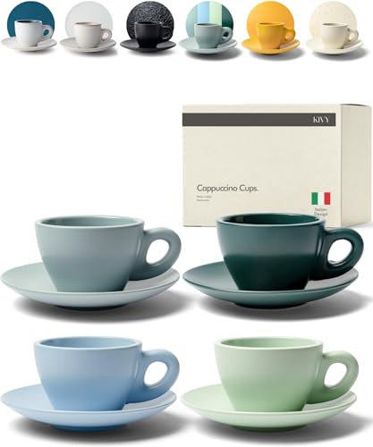 KIVY Barista Cappuccino Tassen Set 4 x 240 ml - dickwandig, Steinzeug - Tasse mit Untertasse - handgefertigt - Grün, Blau