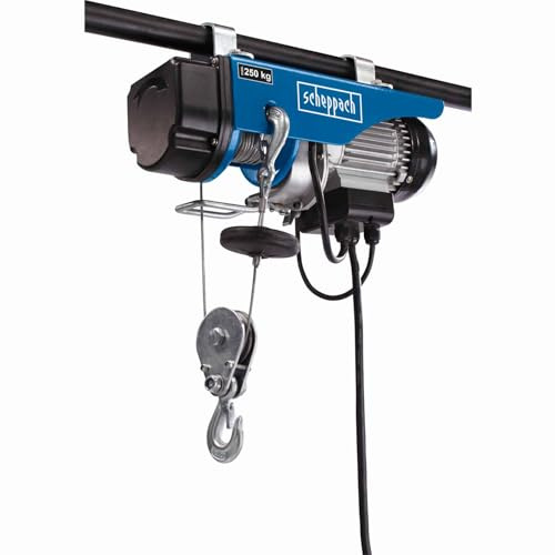 Scheppach elektrischer Seilzug HRS250 Flaschenzug Kettenzug mit Umlenkrolle | maximale Tragkraft 250/125 kg | Leistung 530W | Hubhöhe 12/6 m | Not-Aus-Schalter | Hebezug inkl. 2 Befestigungsbügel