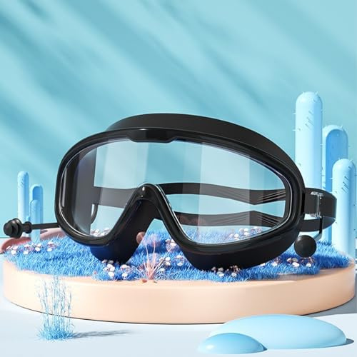 shixuanzhi Mikrofaser-Sicherheitsbrillen,Schwimmbrille,Diving Glasses mit Ohrenstöpse,gespiegelte Schwimmbrille Kein Auslaufen Anti,Fog UV,Schutz 180 Grad (Schwarz)