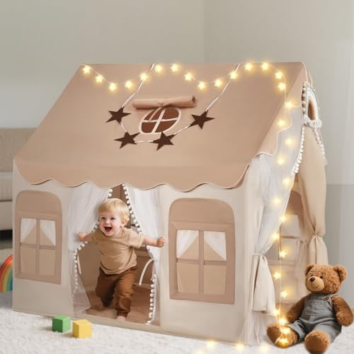snookids Kinderzelt Spielhaus Kinder Indoor, Doppeltürdesign Spielzelt | 120x100x127 cm, Atmungsaktiv, mit Matte, Lichtern, Deko-Regenbogen & Flagge, Kinderzimmer Dekor Geschenk Jungen Mädchen
