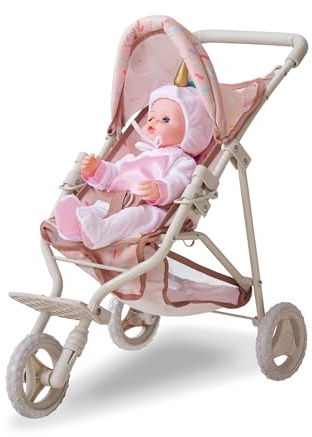 Teamson Kids Puppenwagen Jogging Rollenspiel Kinderwagen in Beige mit Zubehör, schicker Puppenbuggy für fantasievolles Spielen