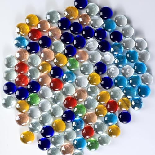 Hisredsun 290 Stück Glaskieselsteine, 17-20mm 1,35 kg Flache Marmorperlen, Vasenfüllsteine, Künstliche Kristallsteine, Dekorative Glassteine Für Aquarium, Blumentopf, Landschaftsbau
