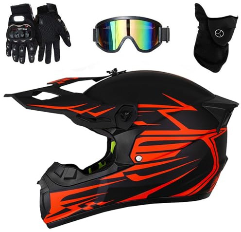 Motocross MTB Helm Fullface, Motorradhelm Herren Damen, Erwachsener Motorrad Downhill Full Face, Downhill Motorradhelm ATV, Road Helm Mit Handschuhe Brille(As red,XL(58~59cm))