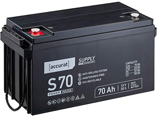 Accurat AGM Batterie S70-12V, 70Ah, zyklenfest, wartungsfrei, Blei Akku | VRLA Versorgungsbatterie, Solarbatterie, Bootsbatterie für Wohnmobil, Wohnwagen, Camper, Bootsbatterie, Mehr Sicherheit