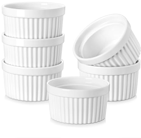 MALACASA, Serie Ramekin, Creme Brulee Schälchen 6er Set, 260ml Souffle Förmchen zum Backen, Souffleeförmchen Backofenfest, Ofenfeste Creme Brulee Schalen, Mini Auflaufform 10,5x5,4cm Weiß