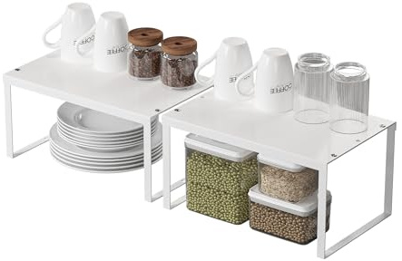 Regaleinsatz, 2er Set Metall Küchenschrank Organizer, Erweiterbar küchen Regal, Stapelbar Gewürzregal mit Anti-Rutsch Matte,Küche Schrankeinsatz für Schrank, Regaleinsatz, Arbeitsplatte, Weiß