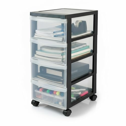 Iris Ohyama Kunststoff-Schubladenbox mit Rollen, 4 flachen Schubladen, Schwarz, Griffe zum Ziehen, Für Schlafzimmer, Bad, Schule & Büro, BPA-frei, Schubladenschrank, Rollcontainer, A4 Drawer, DC-004