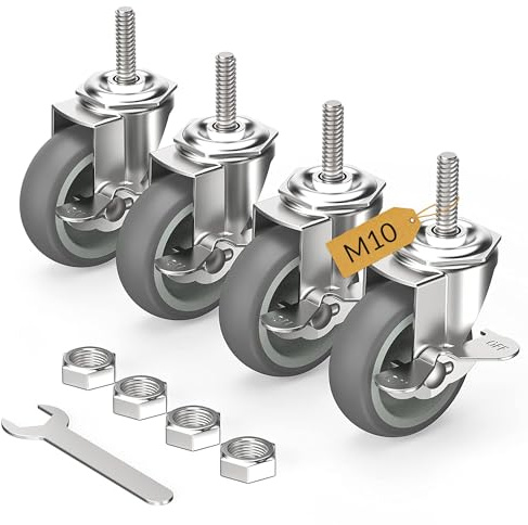 HOLKIE Lenkrollen 75mm (3 Zoll) mit Bremsen Möbelrollen Transportrollen, M10 x 1,5 x 30mm (Schaftdurchmesser 10mm, Schaftlänge 30mm) Schwerlastrollen Gummirollen 4er Set Rollen für Möbel Grau