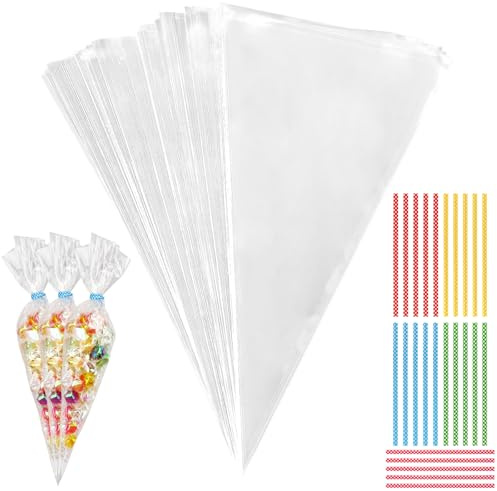 JIUBULUJIU 150 Stück Süßigkeiten Tüten, 25 x 13cm Tütchen Geschenktüten, Cone Durchsichtige Cellophantüten mit 150 Twist Ties, KleineTtüten für Süßigkeiten, Schokolade, Keks, Brot