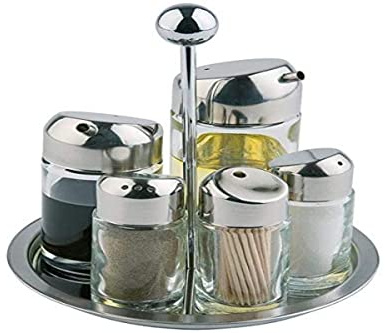 APS Menage, Essig- und Öl Set, Tischgestell für Salz, Pfeffer, Essig, Öl, Zahnstocher, drehbares Gestell, Glasbehälter mit Edelstahl-Deckel und Drehverschluss, 16 x 16 cm, 20 cm Höhe