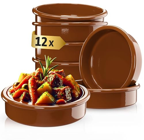 ToCi 12 x Tapas-Schalen Braun Ø 11,5 cm – Spanische Cazuela Schälchen aus Ton 175 ml - Kleine Auflaufformen & Dessertschalen für Tapas, Fingerfood, Crème Brûlée & Ofengerichte