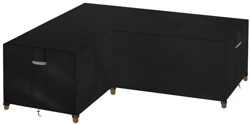 Dokon Gartenmöbel Abdeckung L-Form, Schutzhülle für Lounge Ecksofa Outdoor | Robustes Oxford, Wasserdicht Beschichtet, Winddichte Gurte, Kordelzug, Verdeckte Lüftung, UV-Schutz, 222x286x85cm, Schwarz