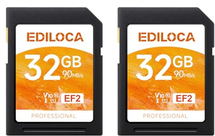 Ediloca EF2 UHS-I Speicherkarte 32GB 2er-Pack, Lesen 90MB/s, Schreiben 20MB/s, C10, U1, V10, Full-HD und 4K-Video, SD-Karte für professionelle Fotografen