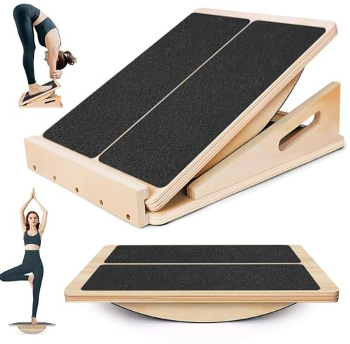 W&H 2 In 1 Schrägbrett und Balance Board aus Holz,4 Winkel,Rutschfest | Verstellbares Neigungsbrett und Wadendehner, Slant Board für Knie, Waden, Knöchel, Fersen, Zusätzlicher Seitlicher Griff