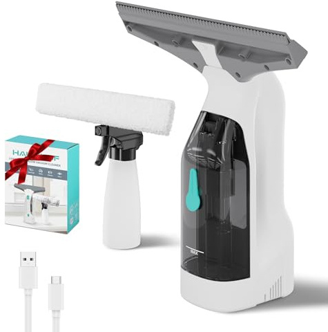 HAUSHOF Akku Fenstersauger Set, Kabelloser Fensterreiniger Fensterputzer mit 30 Min Laufzeit, 28 cm Saugdüse & 100 ml Wassertank, Streifenfreie Reinigung für Fenster, Spiegel und Fliesen