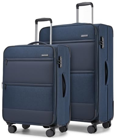 British Traveller 2-teiliges Gepäckset, Ultraleichter Stoff Koffer Set mit Mittelgroß Koffer und Groß Koffer, 4 Rollen Koffer Trolley mit TSA Schloss(Blau)