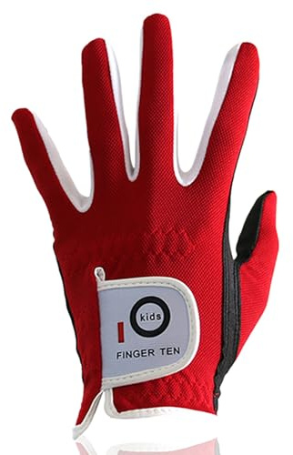 FINGER TEN Golfhandschuhe Kinder Jugend Junior Mädchen für Linke Hand, Junge Golf Handschuhe Atmungsaktive Mikrofaser Synthetische Rechtshänder für Alter 4-13 Jahre (rot, XL)