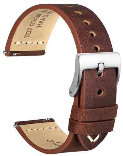 WOCCI 22mm Antikes Uhrenarmband für Herren, Sattelleder, Silberne Schnalle (Pekannussbraun)