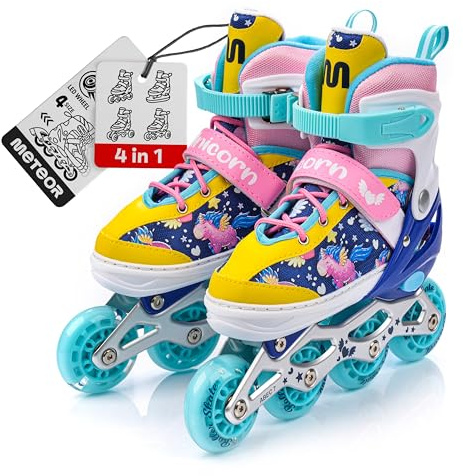 meteor 4 in 1 Inline Skates Kinder Rollschuhe Inliner Schlittschuhe Mädchen | Verstellbar in 4 Größen, Fußlänge 15-26 cm: XS 25-28, S 30-33, M 34-37, L 38-41, Eislaufschuhe für Jungen, ABEC-7, PU-Räder