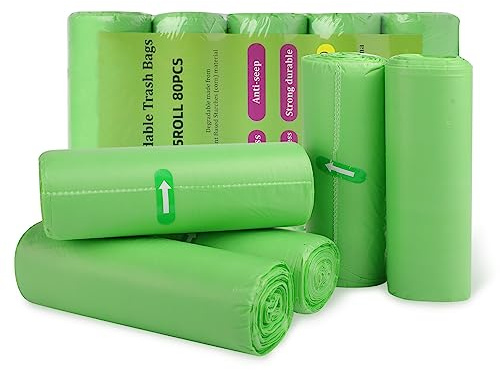 50L Biomüllbeutel, 5Rollen 80 Stück 13GAL BioBeutel, Abbaubar Maisstärke Material 100% Recycelt Müllbeutel, reißfeste Biomüll-Abfallbeutel für Küche, Wohnzimmer, Büro, Haushalt, Garten